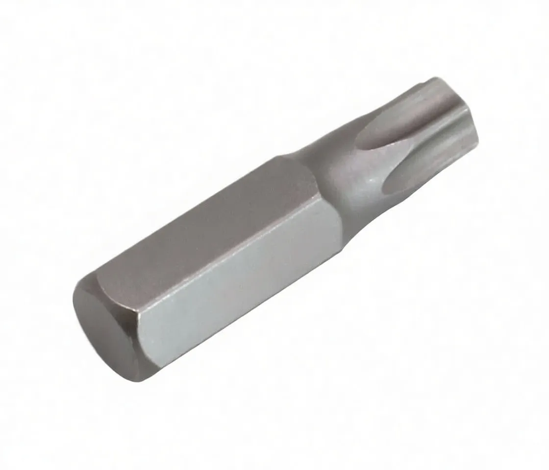 Angled view of a short Torx T40 bit showing ASTA stamped on the hex shank and the six-lobed tip.