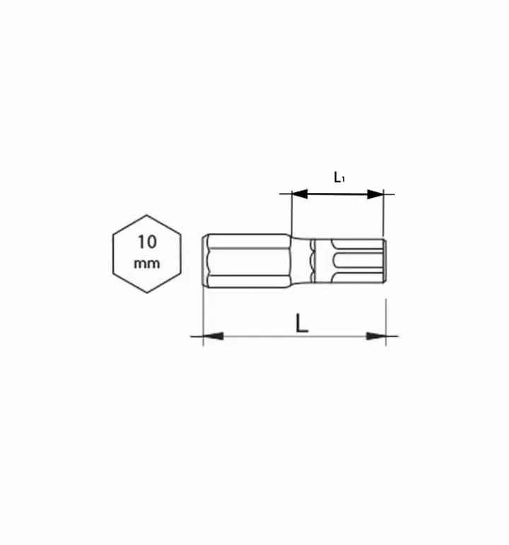 Technical drawing of a Torx bit with dimensions labeled L and L1 and a 10 mm hexagon icon