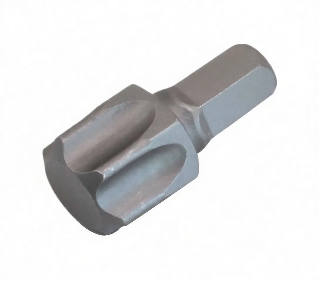 Angled side view of a short Torx bit with curved lobes, hex shank and an ASTA marking.