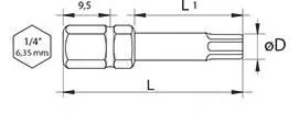 Technical drawing of a Torx bit with 1/4" hex shank, collar, shaft and Torx tip and dimensional labels