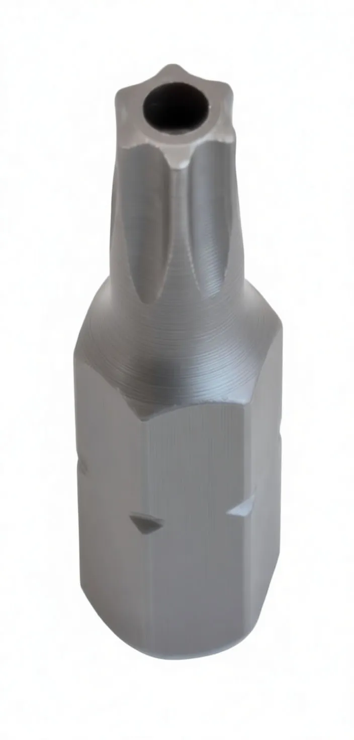 Perspective image of a tamper-resistant Torx (T30) bit with central hole and ASTA logo on hex shank.