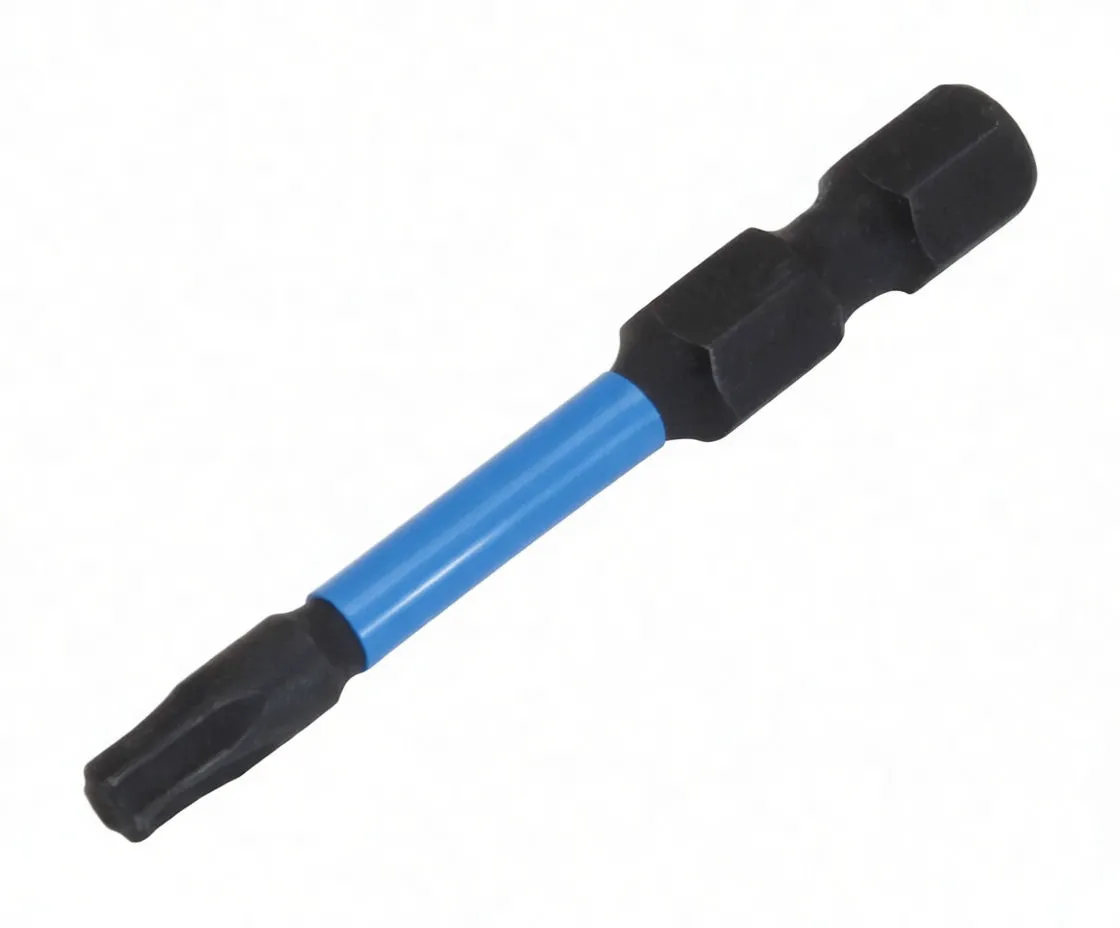 Angled view of double-ended driver bit with hex shank and blue ASTA sleeve