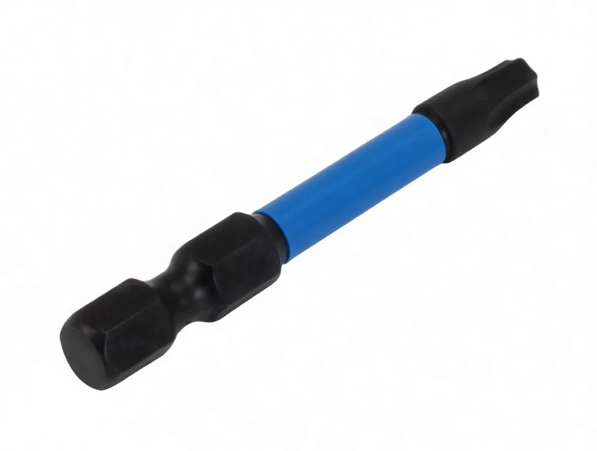 Angled view of a Torx screwdriver bit with a blue 'ASTA' sleeve, black hexagonal drive section and Torx tip.