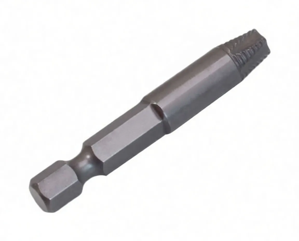 Angled full-length view of a metallic ASTA A-T40E Torx bit with 1/4" hex shank and serrated TX40 tip