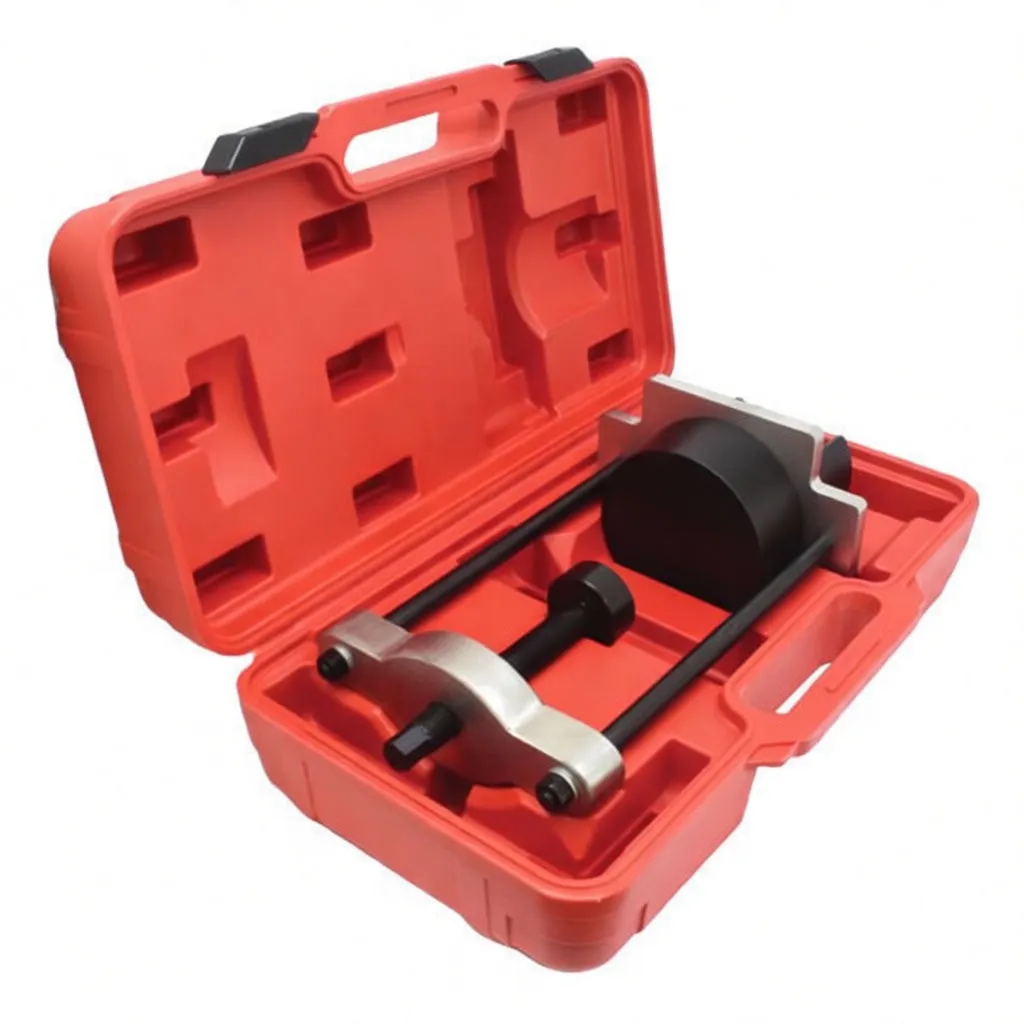 Angled shot of bush removal tool in red case showing guide rods, threaded screw and marked black receiver cup