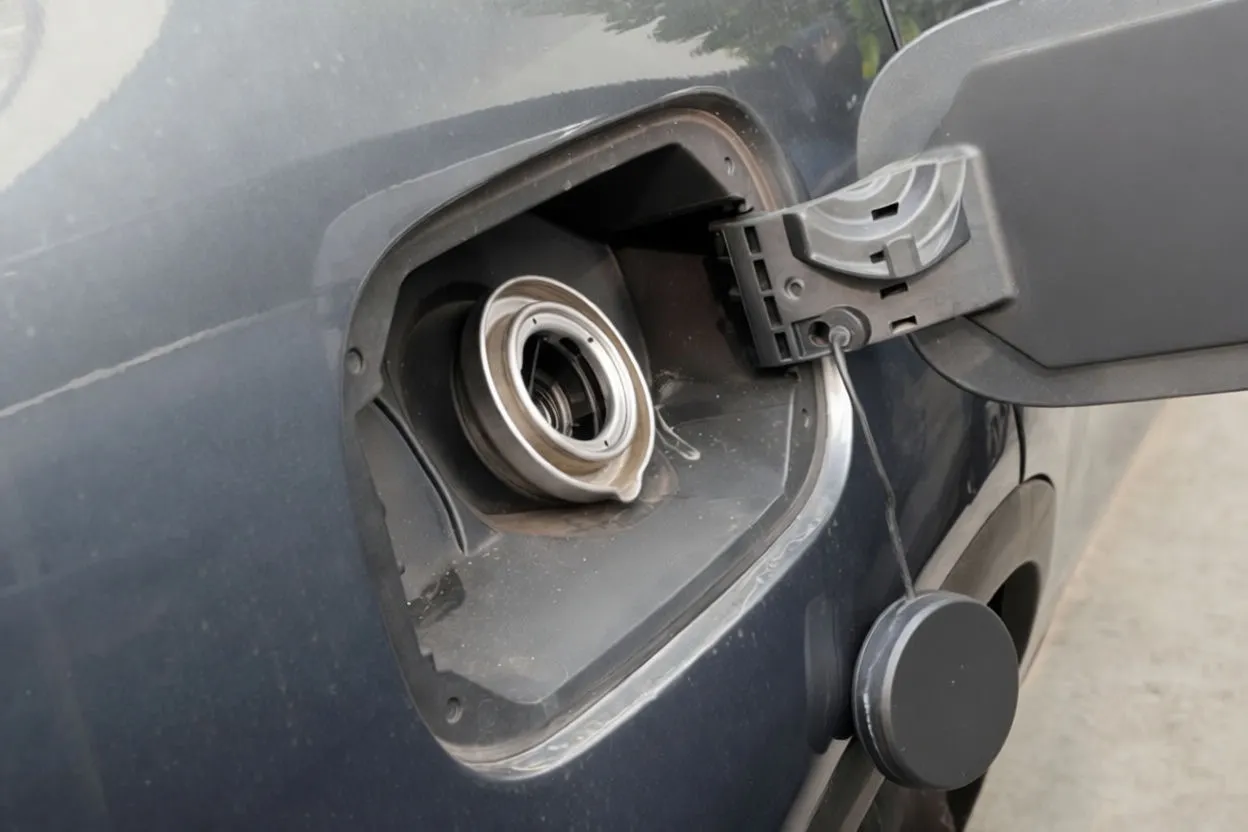 White plastic funnel inserted into car fuel filler neck with open fuel door and hanging fuel cap