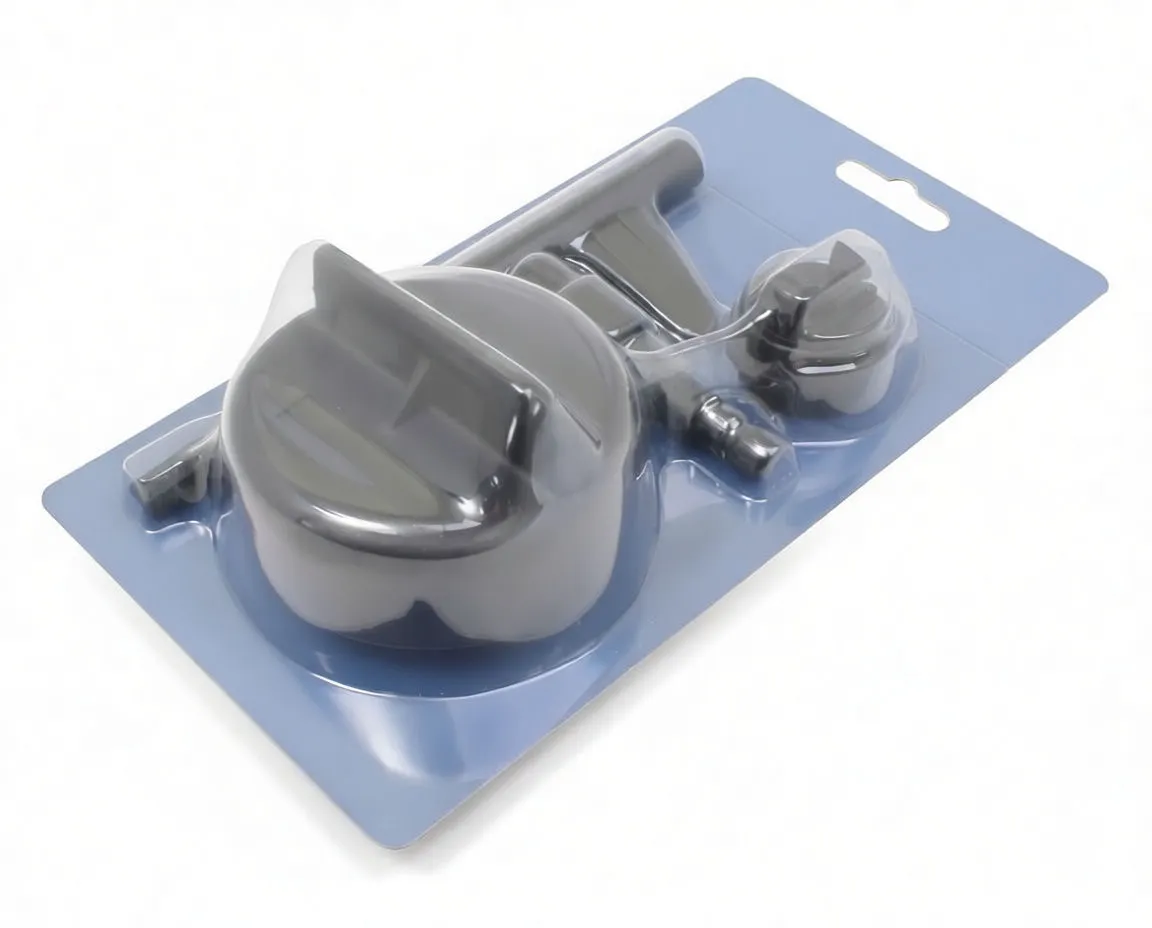 Blister-packaged kit with cap, T-handle, threaded adapter and locking insert visible through clear plastic on blue backing card with branding