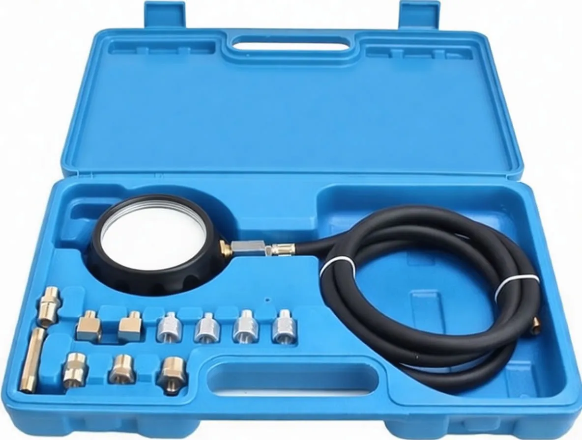 Overhead shot of transmission pressure tester kit with gauge, coiled hose, and assorted brass and silver adapters in a blue case