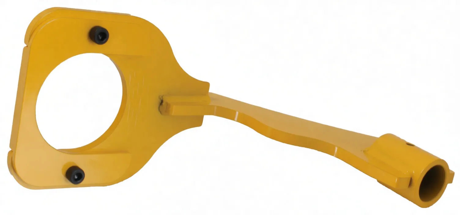 Underside view of yellow strut support bracket showing circular mounting opening with two bolts, curved arm, weld and cylindrical socket with pin hole