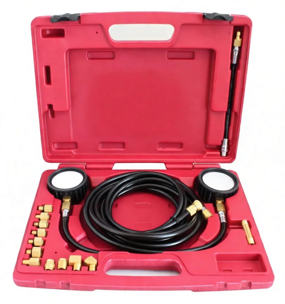 Two pressure gauges with coiled hoses laid out with a line of brass adapter fittings, O-rings, and a short hose on white background.