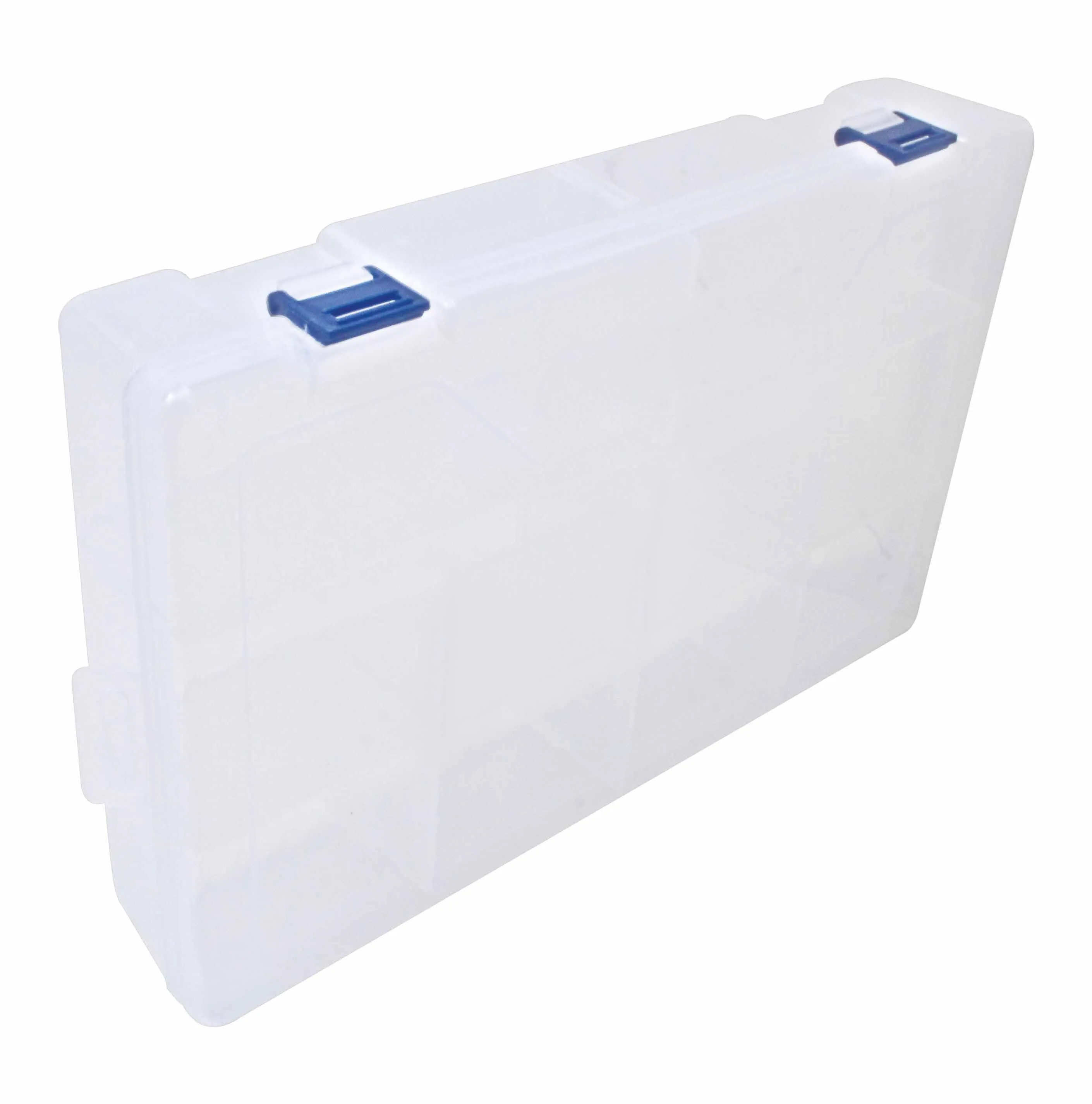 Side view of translucent plastic organizer standing on edge with blue latches and visible compartment grid