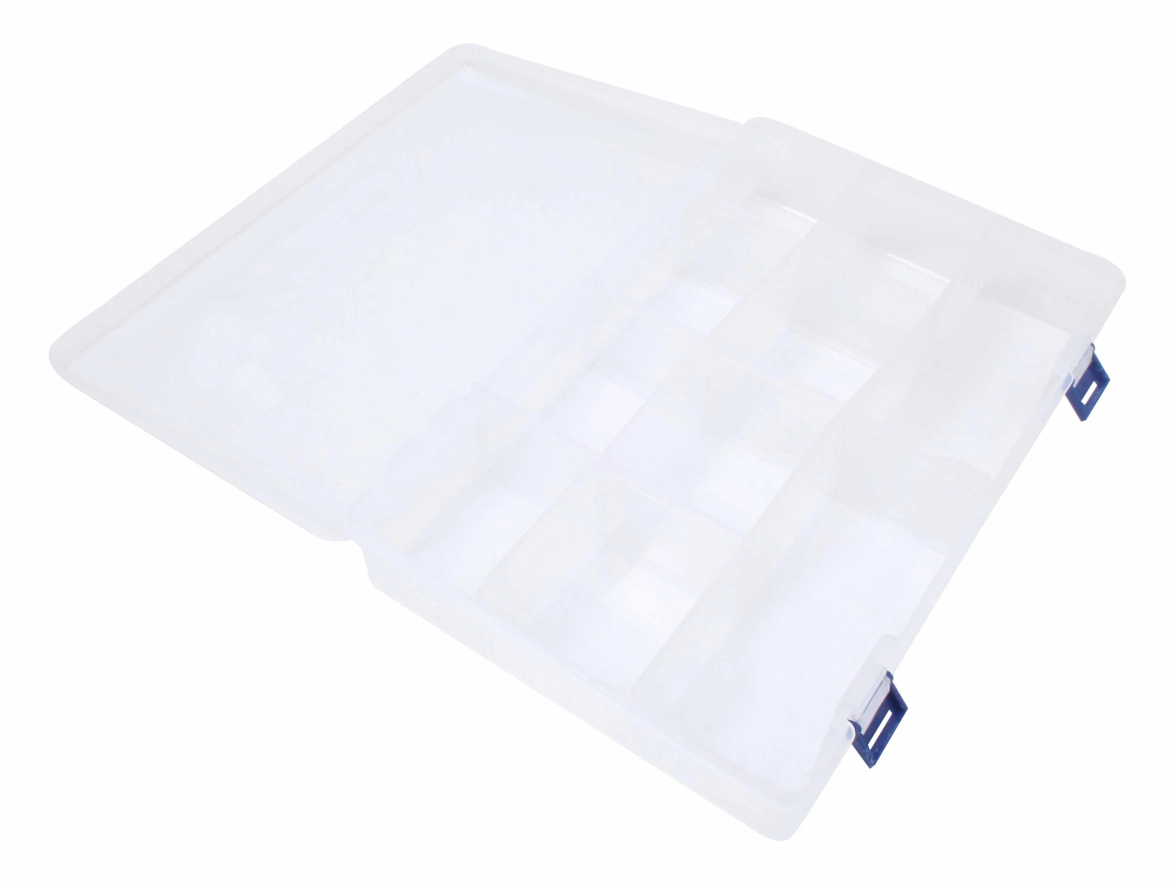 Open organizer from above showing multiple internal compartments and blue side latches