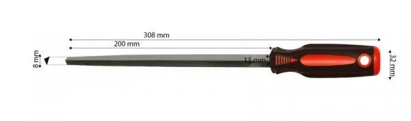 Triangle file with dimensions annotated (308 mm overall, 200 mm blade length) and black-and-red handle