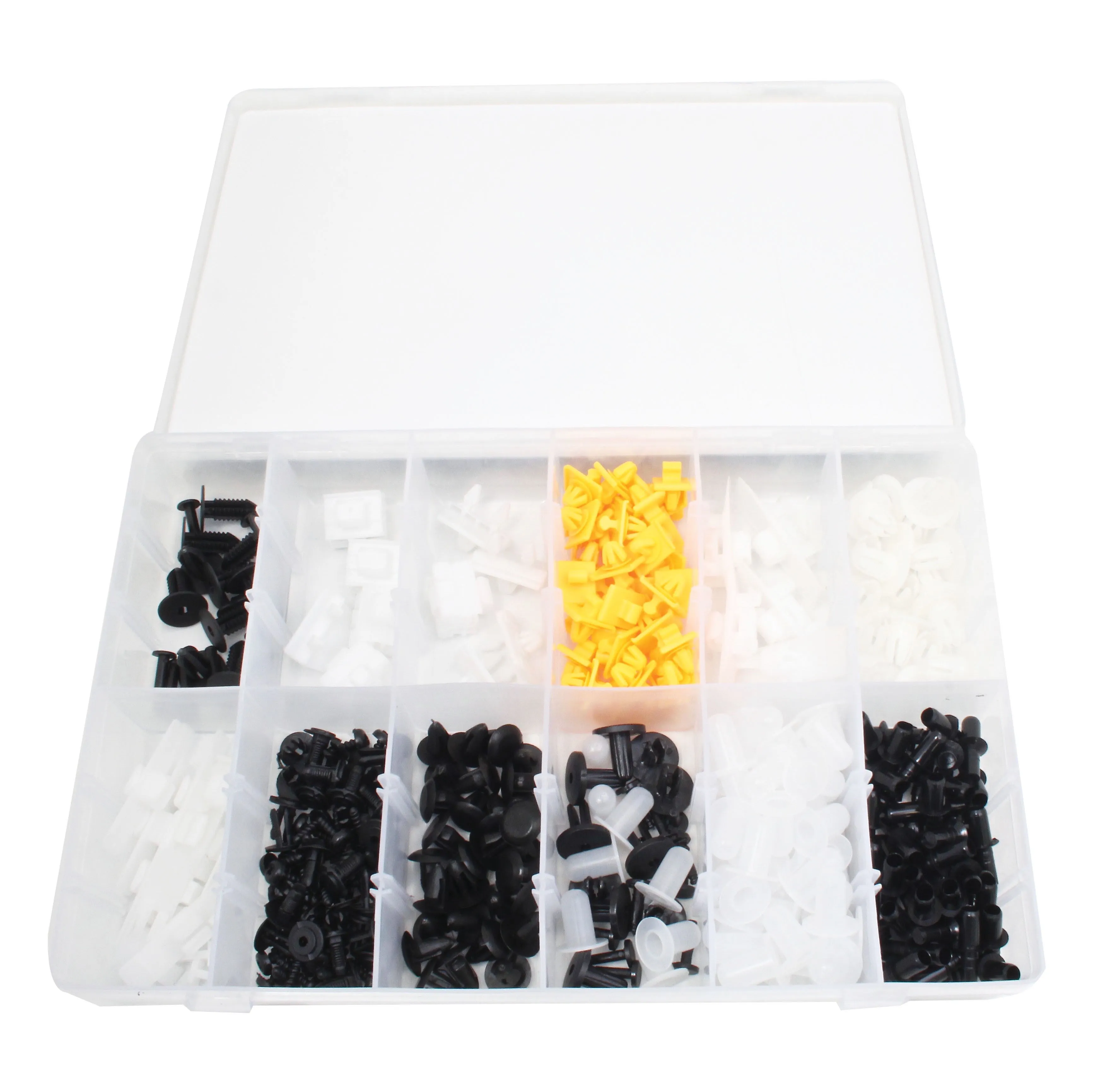 Top-down view of open plastic box with organized trim clips including yellow column
