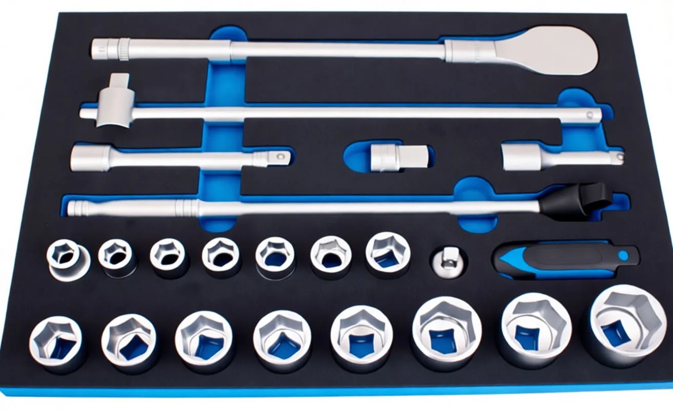 Angled view of foam tool tray with blue edge showing chrome deep sockets, extensions, ratchet and ASTA logo, arranged in recessed cutouts.