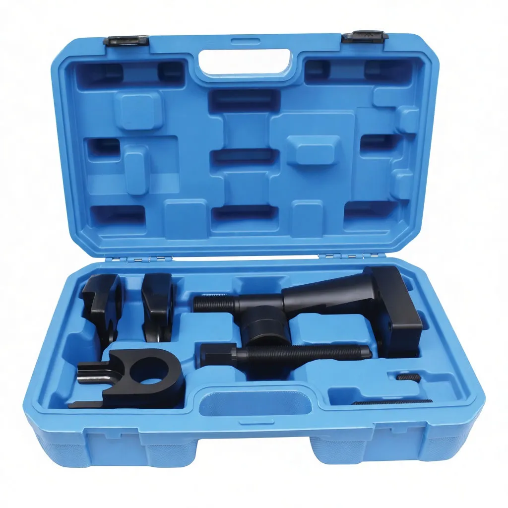 Overhead shot of tool kit in blue molded case showing T-puller, forks and studs