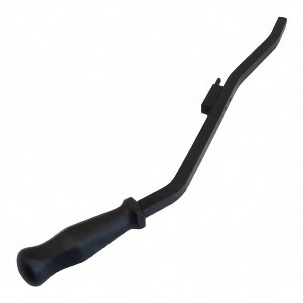 Side view of black bent steel truck brake spring remover with midshaft bracket and printed marking