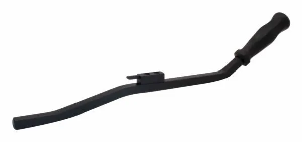 Angled view of truck brake spring remover showing handle, bent shaft, mid‑shaft bracket and flat hook tip