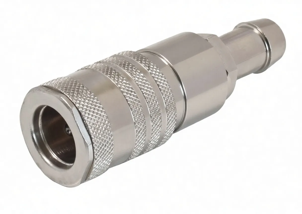 Side view of quick-connect adapter showing knurled sleeve, hex body and female socket opening with stamped marking