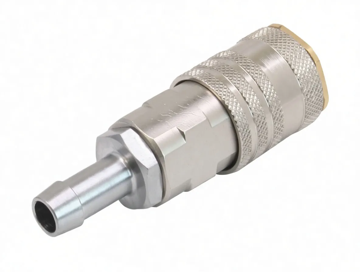 Full-length view of quick-connect adapter showing brass female end and stamped marking on hex section