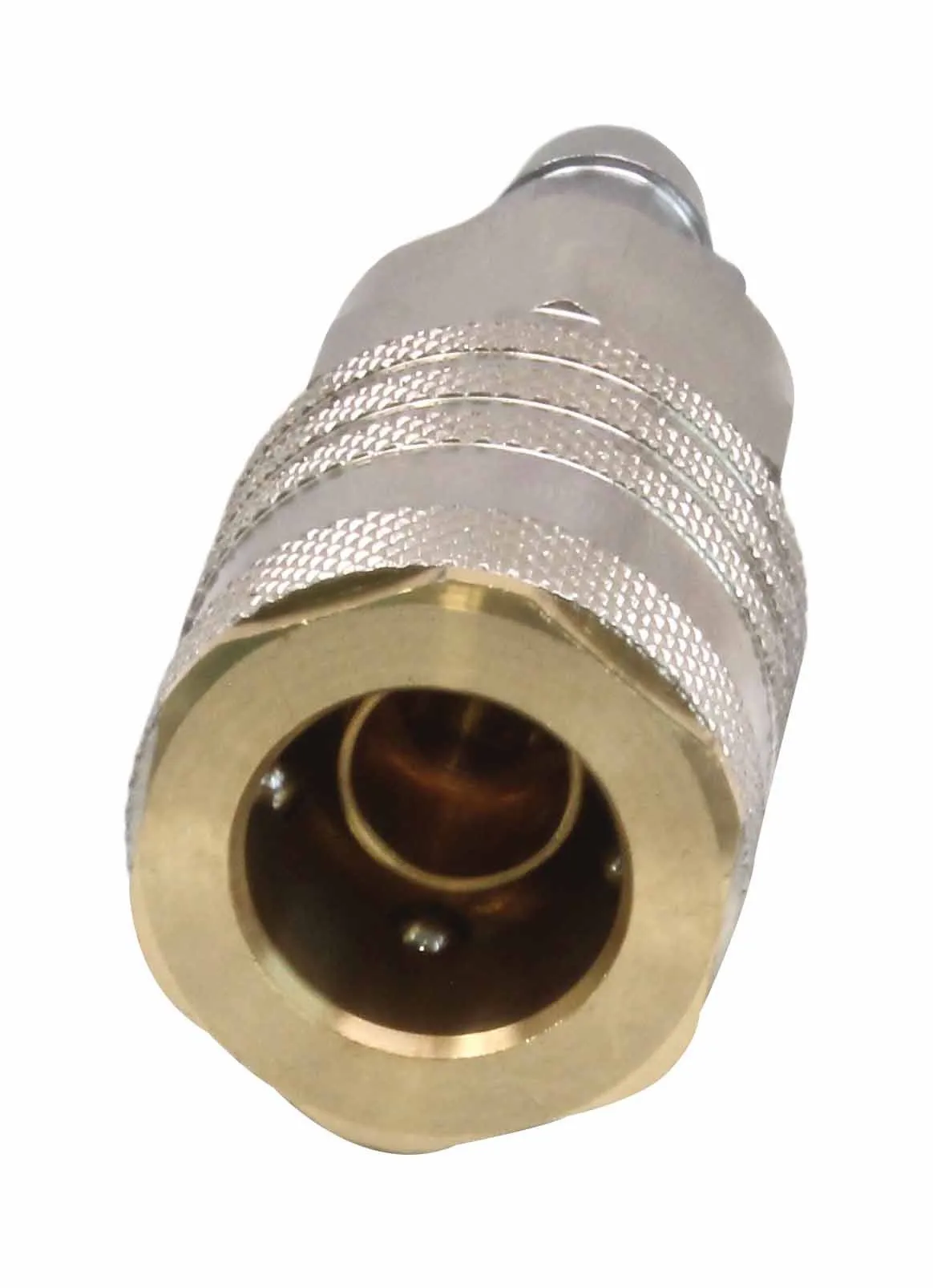 Front view of adapter female end showing brass collar and ball detents inside the coupling