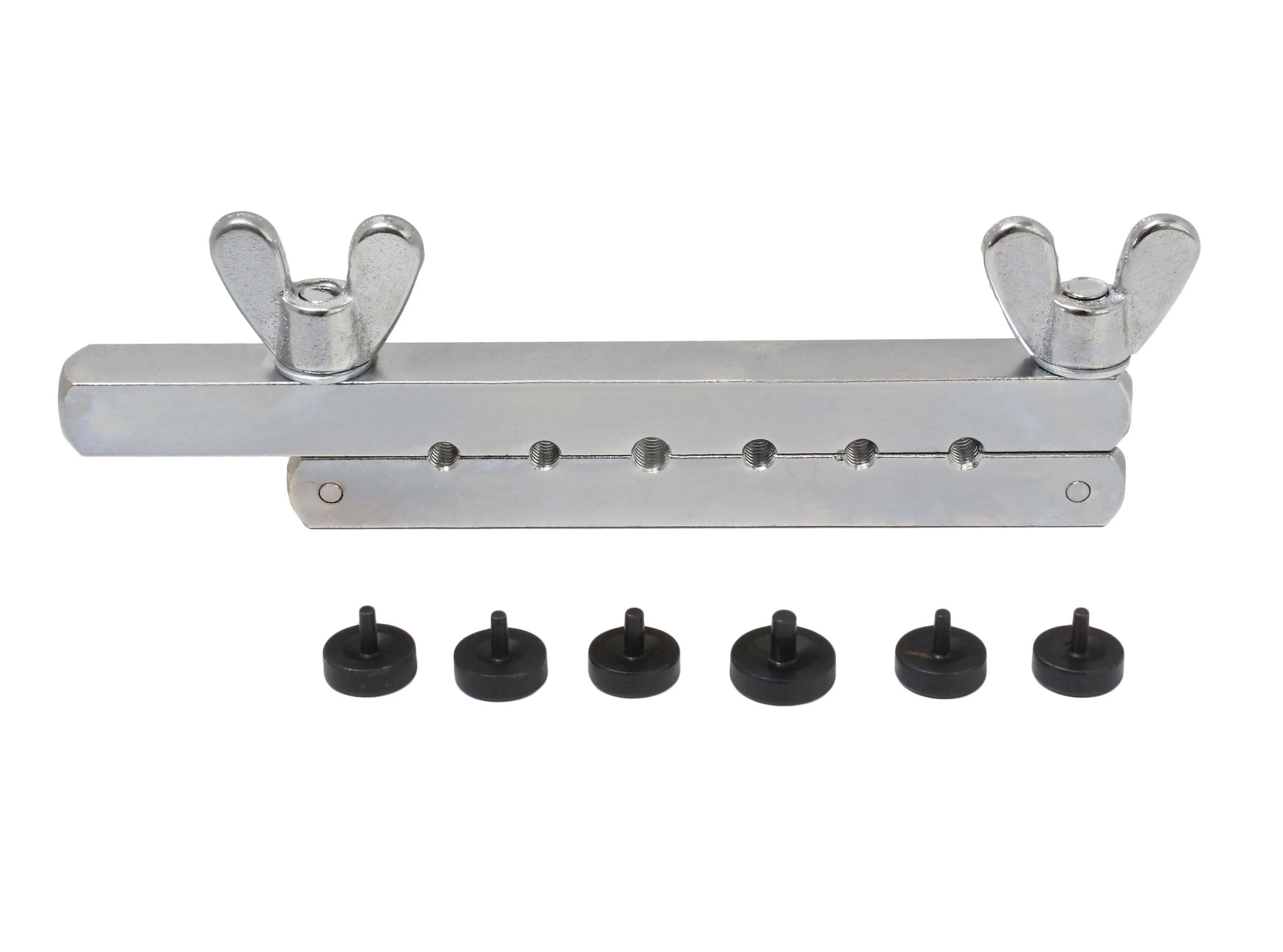 Front view of tube flaring clamp with row of holes and adaptors below