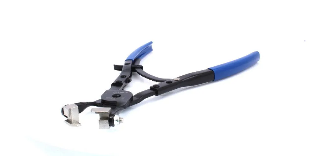 Close view of pliers jaws showing rectangular metal pads, bolts, pivot and blue handles