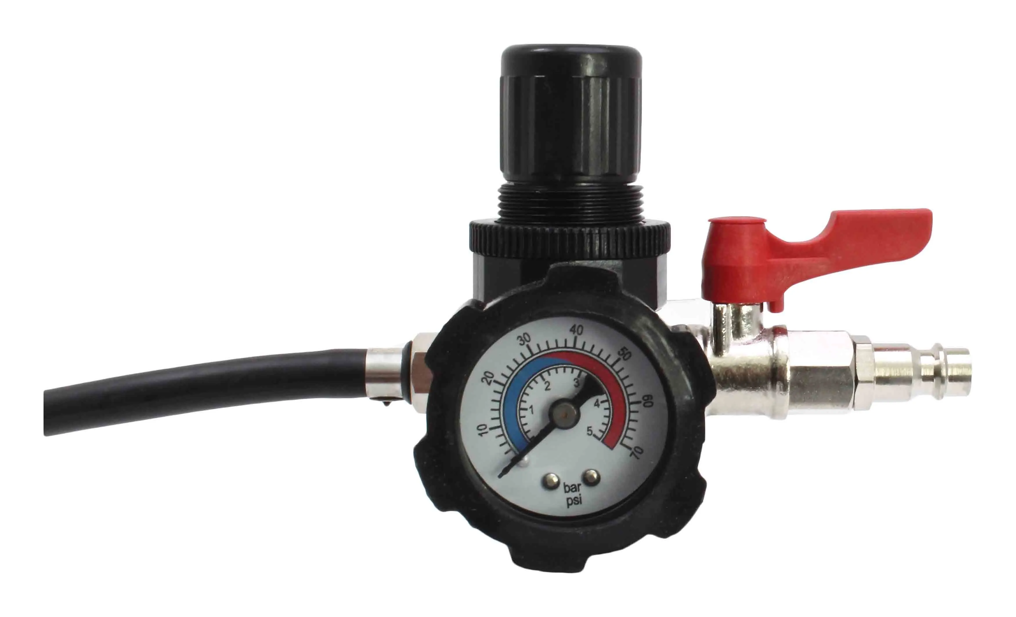 Close-up of pressure regulator and gauge showing knob, 0-60 scale, 'bar' and 'psi' markings and red lever valve