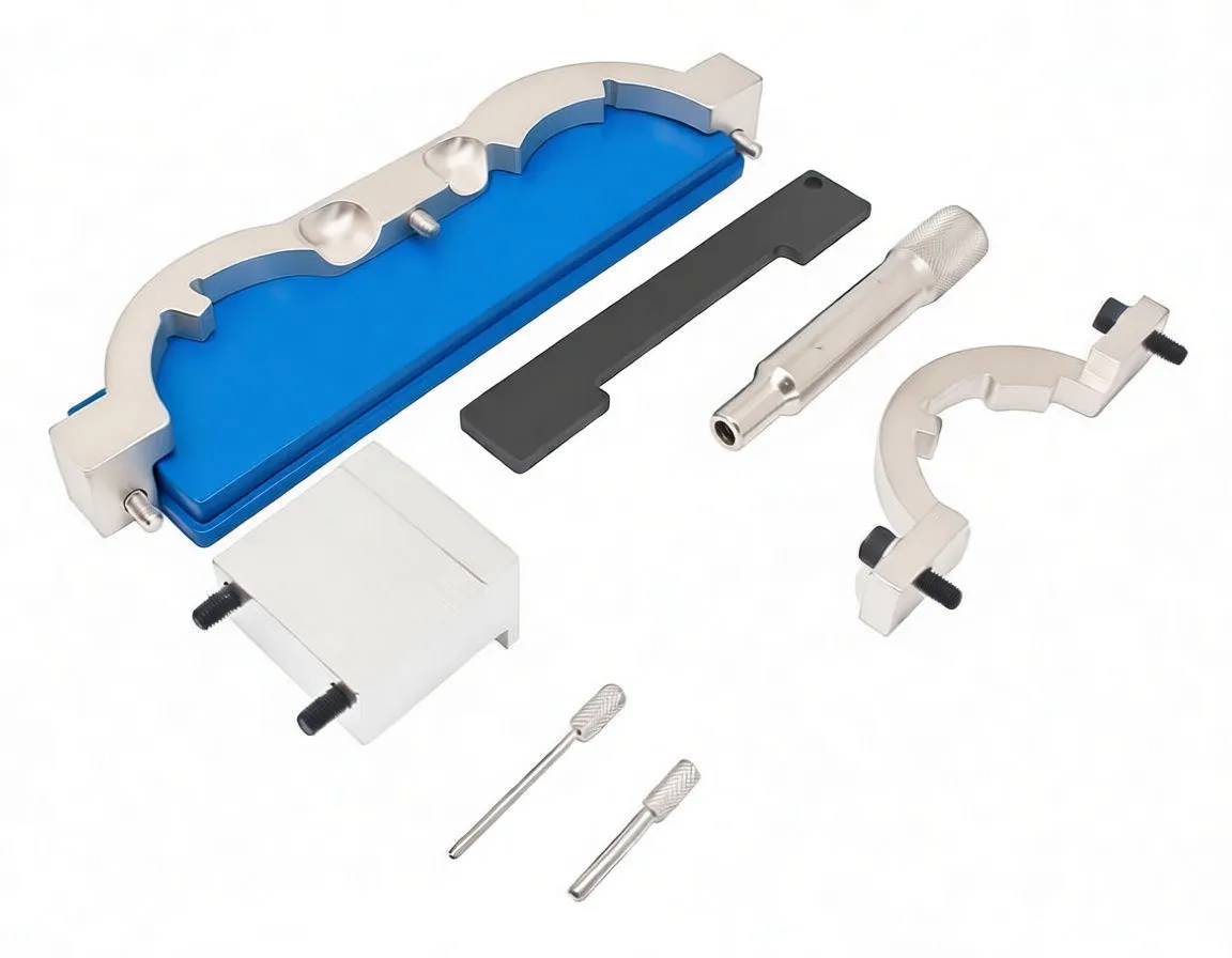 Angled view of open blue case with engine timing tools including arch locking plate, semicircular bracket, knurled pin and flat black timing bar