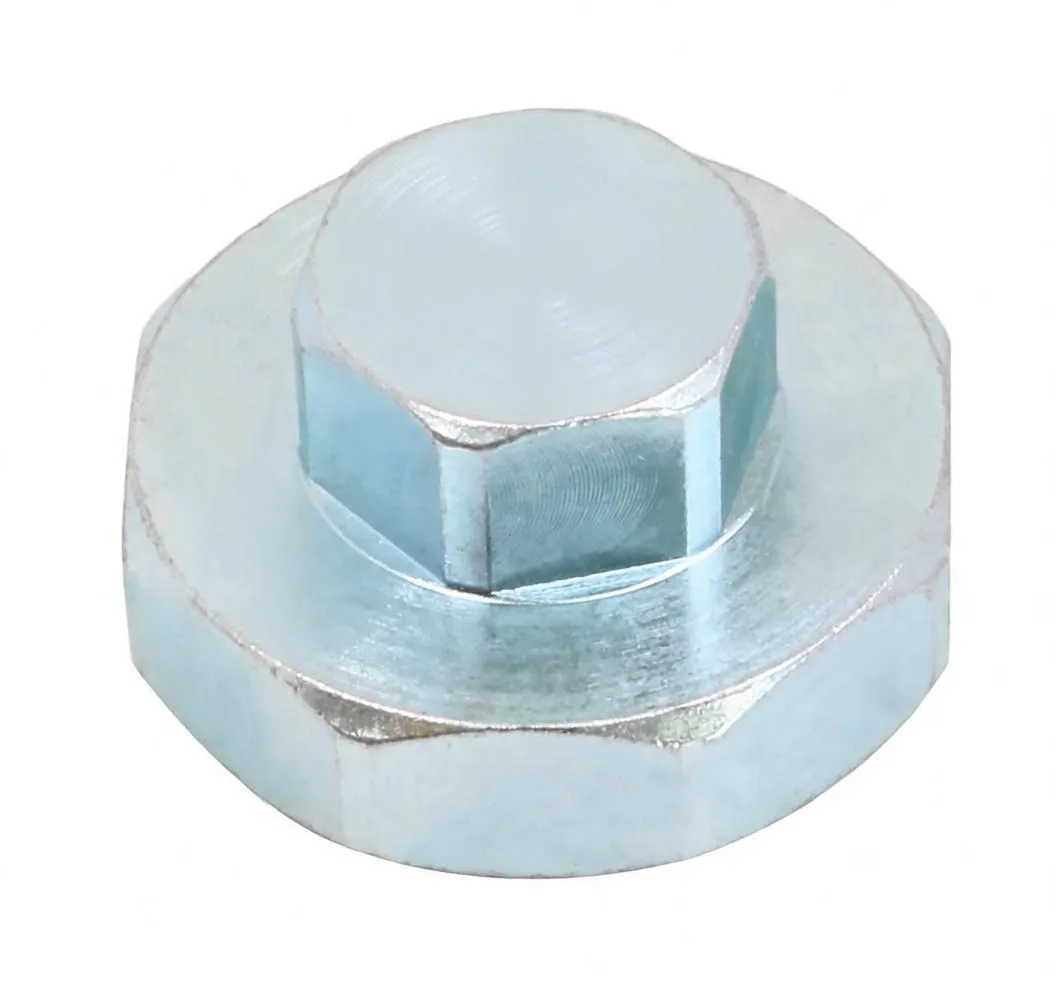 Angled view of metal hex cap adapter showing ASTA A-MK403 marking and flange