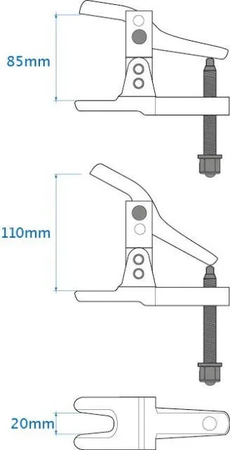 Diagram of ball joint removal tool with dimensions 85mm, 110mm and 20mm showing pivot, fork and threaded screw