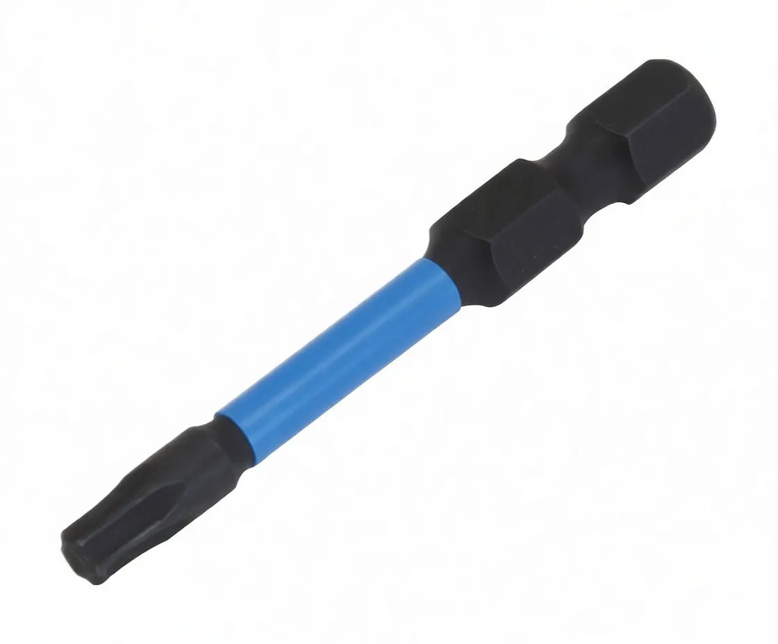 Front view of a Torx driver bit with ASTA-branded blue sleeve and hex shank