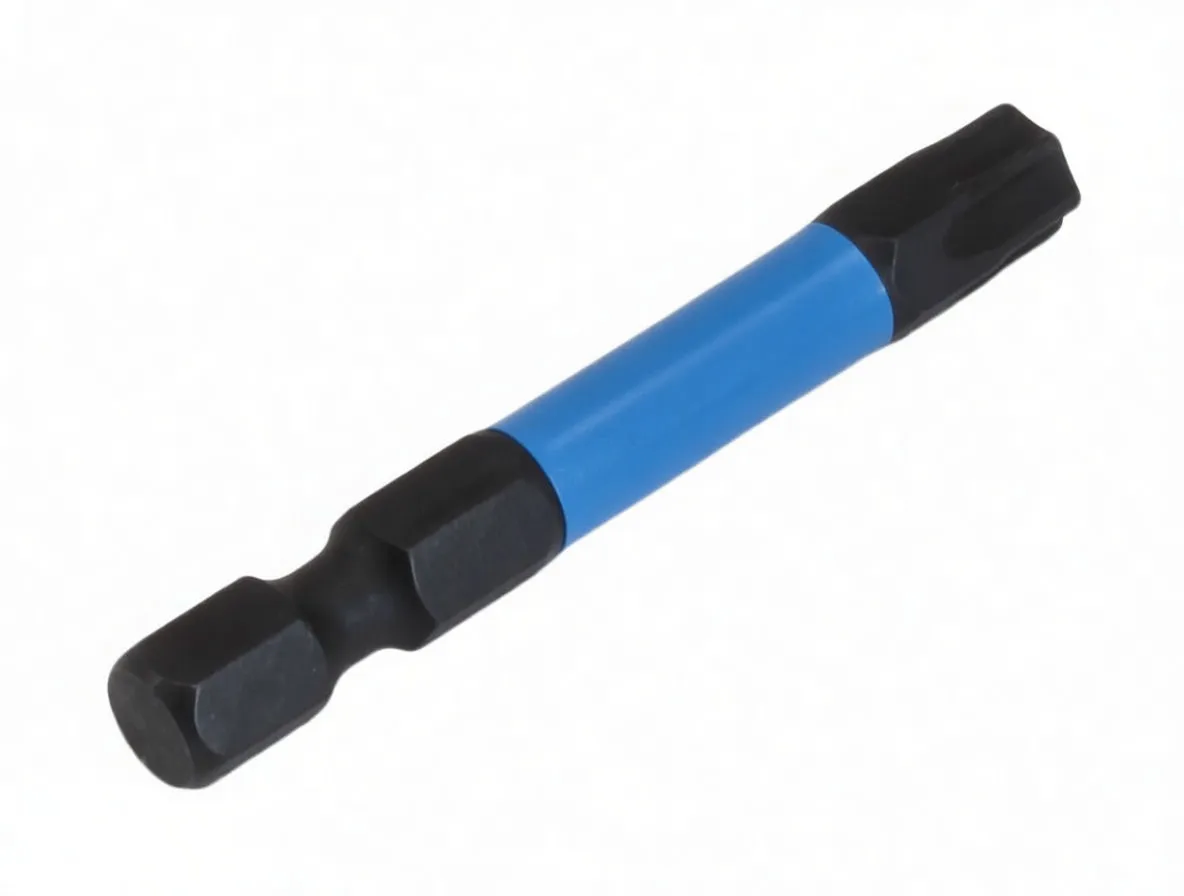 Angled view of ASTA-branded Torx bit with blue label, hex shank and star tip