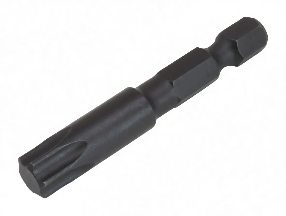 Top view of a dark Torx TX45 bit with visible six-point tip, blue ASTA band and hex shank