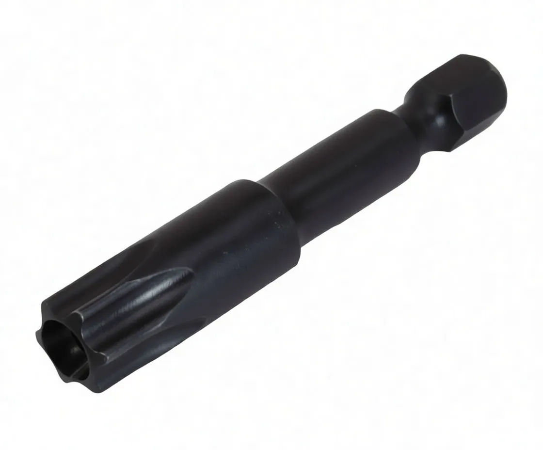 Angled view of a black Torx TX50 bit with a blue ASTA band and 1/4 inch hex shank on a white background.