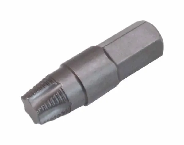 Angled view of a dark gray hex bit with hexagonal shank, cylindrical middle section and TX50 Torx star tip with ridged lobes.