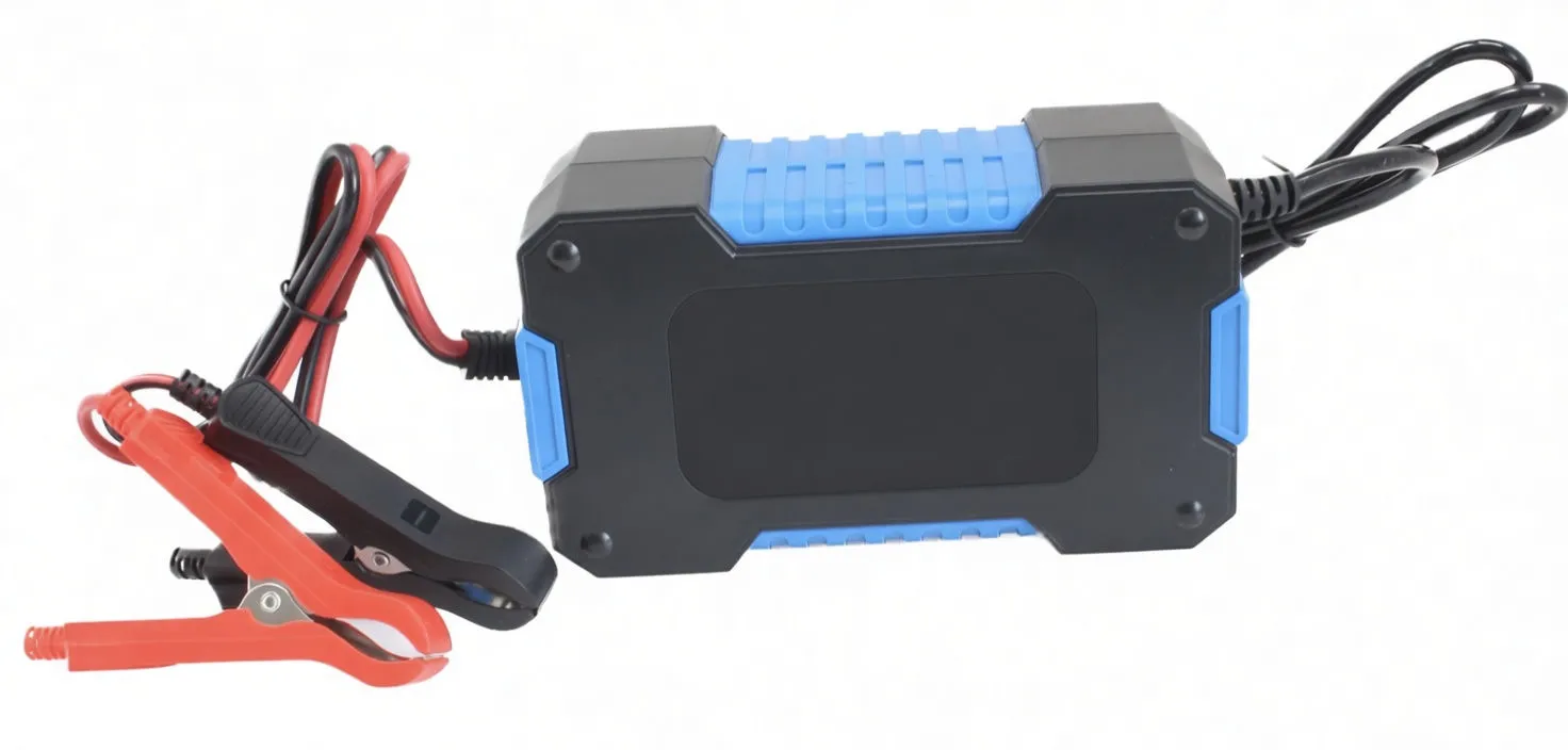 Rear underside of charger showing information sticker, CE/RoHS markings, screw bosses and attached red/black clamps.