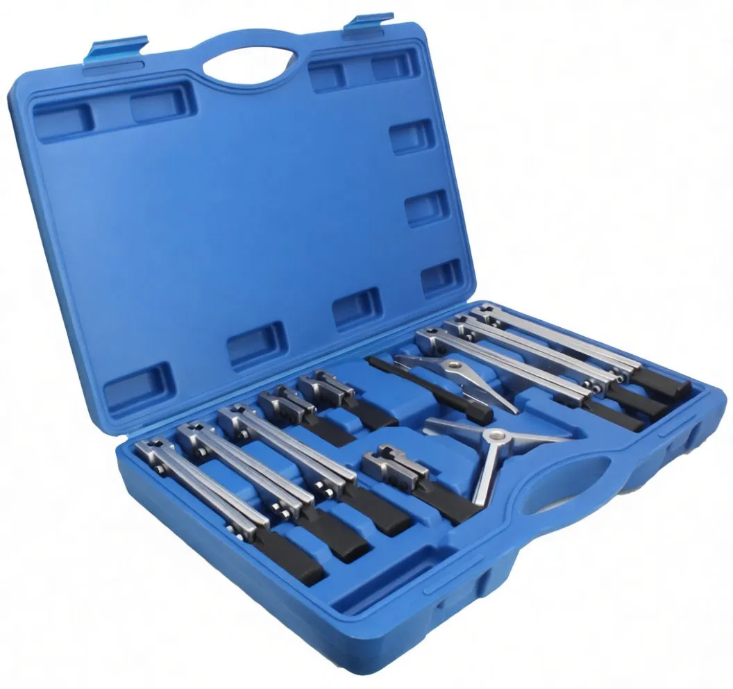 Side-angle view of blue case showing chrome puller legs, jaw adapters, three-arm hub and threaded screw