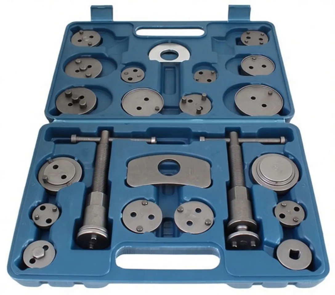 Detailed view of caliper wind-back kit showing threaded rewind bolts, many adapter discs, central pressure plate and case labeled LH and RH.