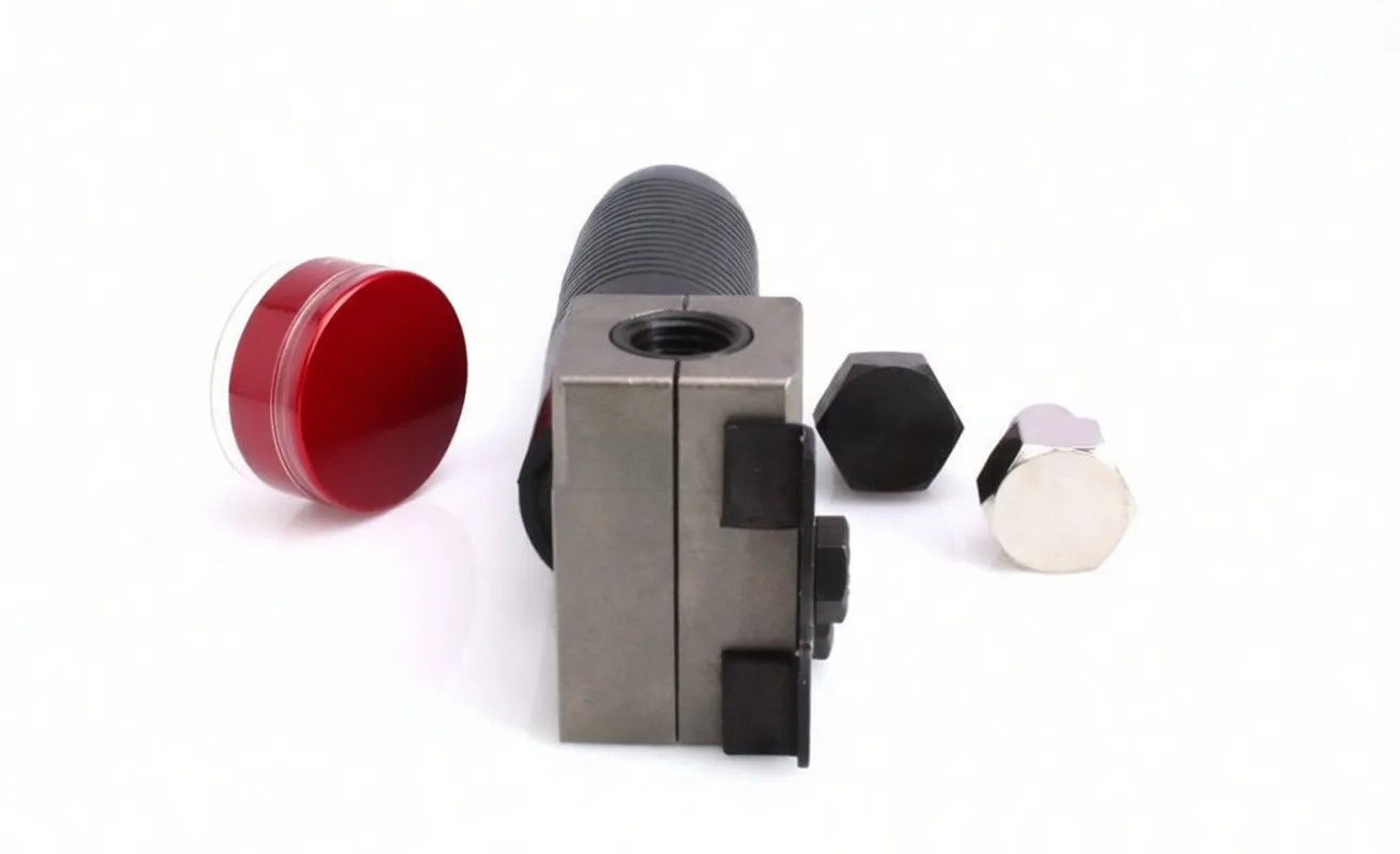 Front view of flaring tool block showing split block faces, adapters and red grease pot