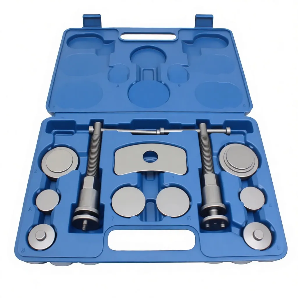 Top-front view of open toolkit showing two screw-type caliper wind-back tools, central pressure plate and many round adapter plates with varying lug patterns.
