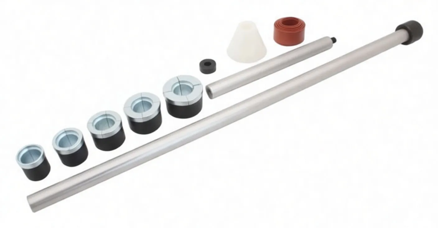 Kit components laid out: metal/rubber bearing drivers, two aluminum rods, plastic cone, red rubber piece and threaded adaptor