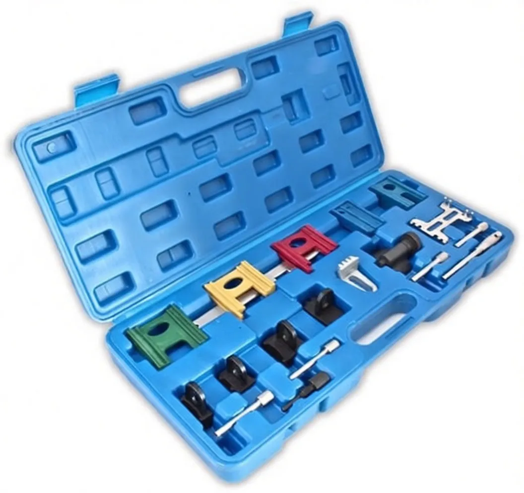 Open tool case with numbered callouts labeling colored adapters, black blocks and metal fittings.
