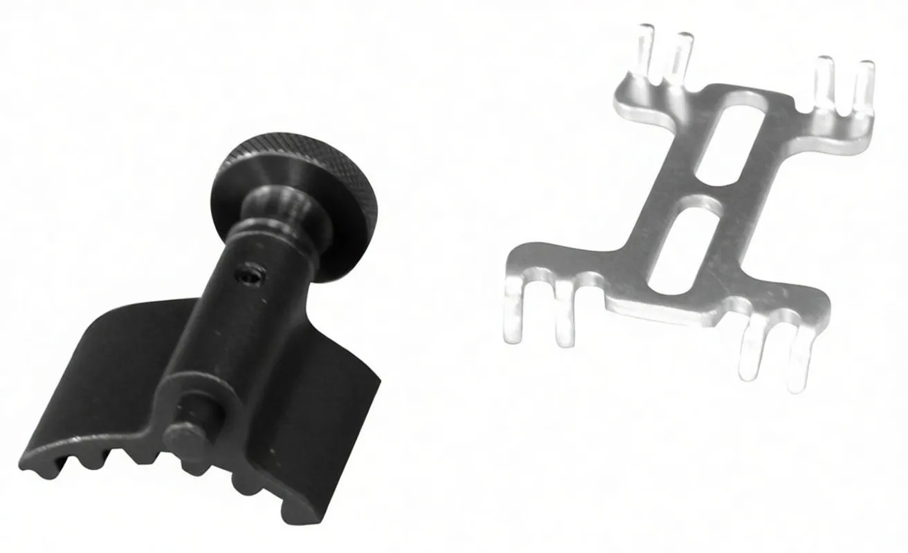 Knurled adjustable jaw tool (black) beside a silver multi-pronged bridge adapter.
