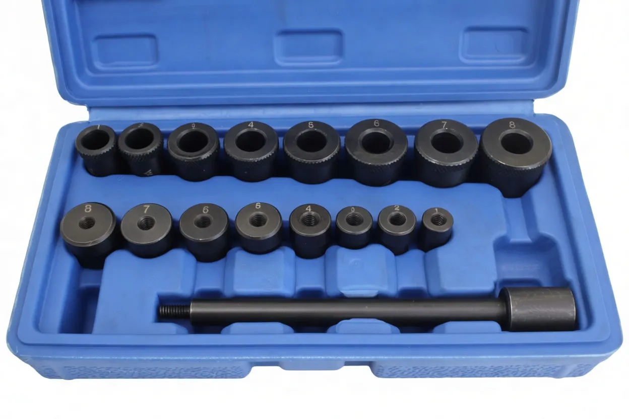 Overhead view of clutch alignment kit in blue case with numbered black adapters and ASTA A-17UCA shaft.