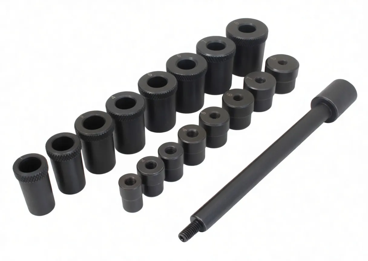 Clutch alignment adapters and ASTA A-17UCA shaft laid out on white background showing threads, bores and size markings.