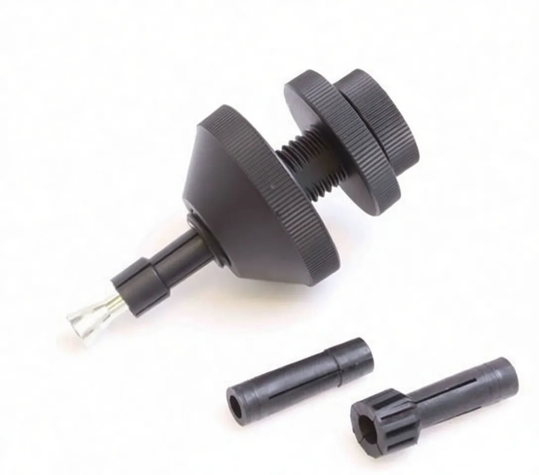 Angled view of clutch alignment tool with threaded knurled collars, clear alignment tip and two interchangeable adapter pins; marking 'saTra S-2110S' visible.