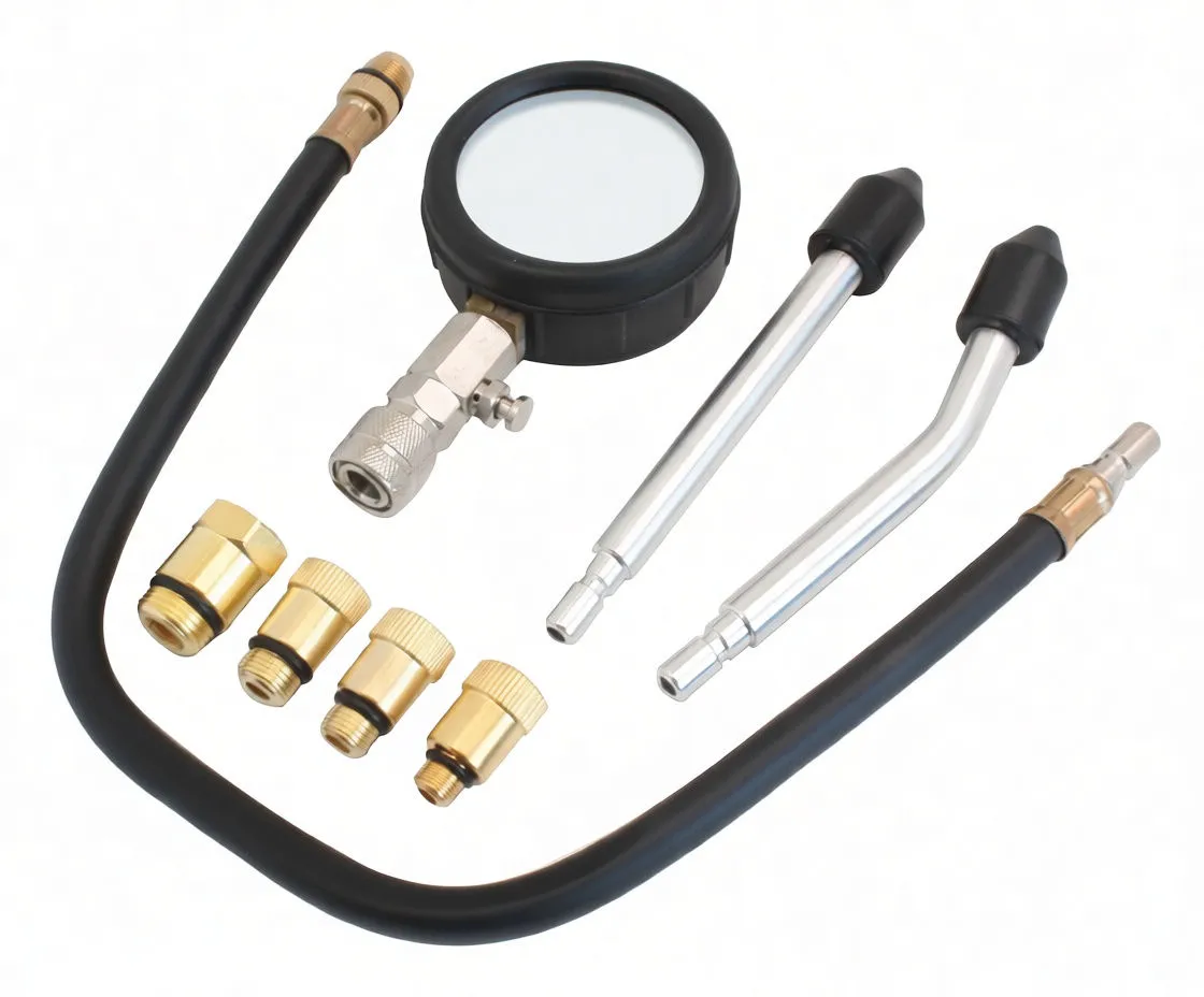 Compression tester components laid out: dial gauge, hose, two extension probes and four brass adapters