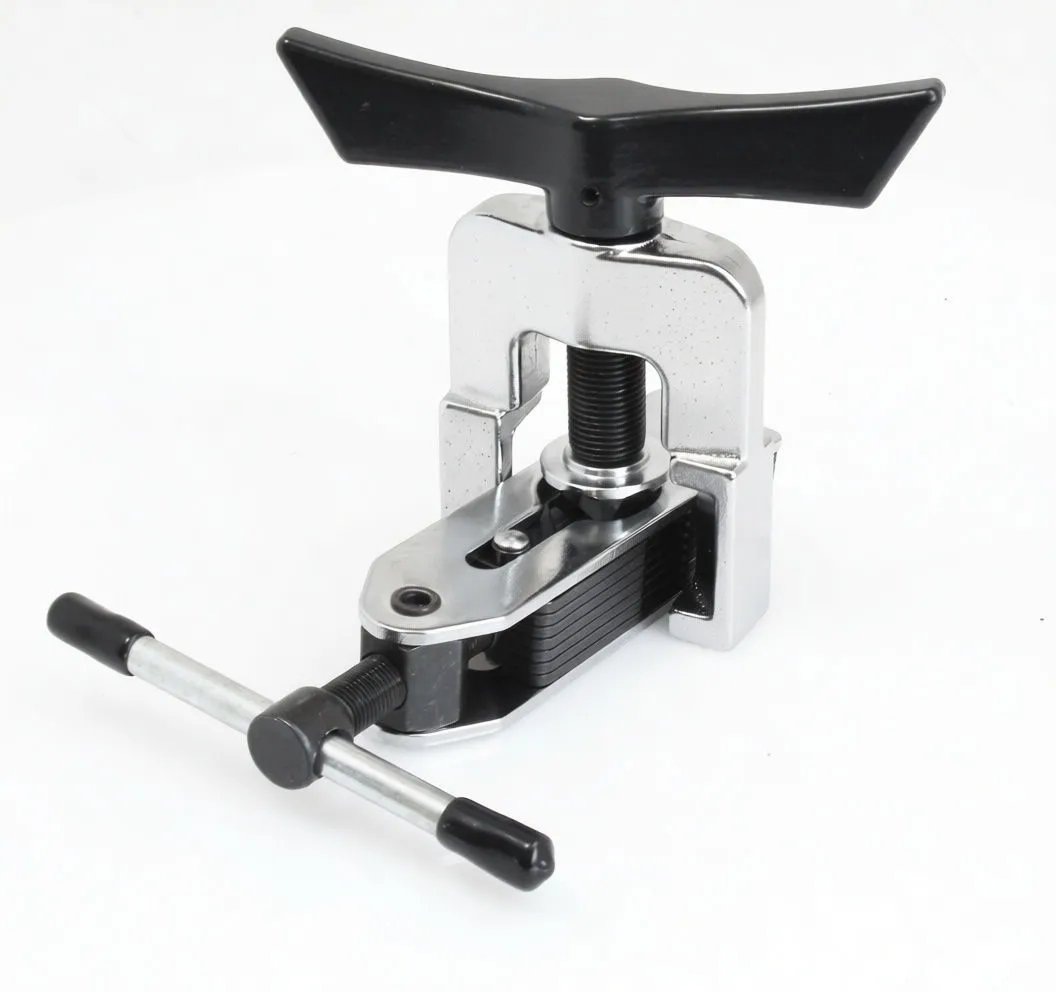 Universal flaring tool assembled showing chrome yoke over jaws, black wing handle and crossbar screw