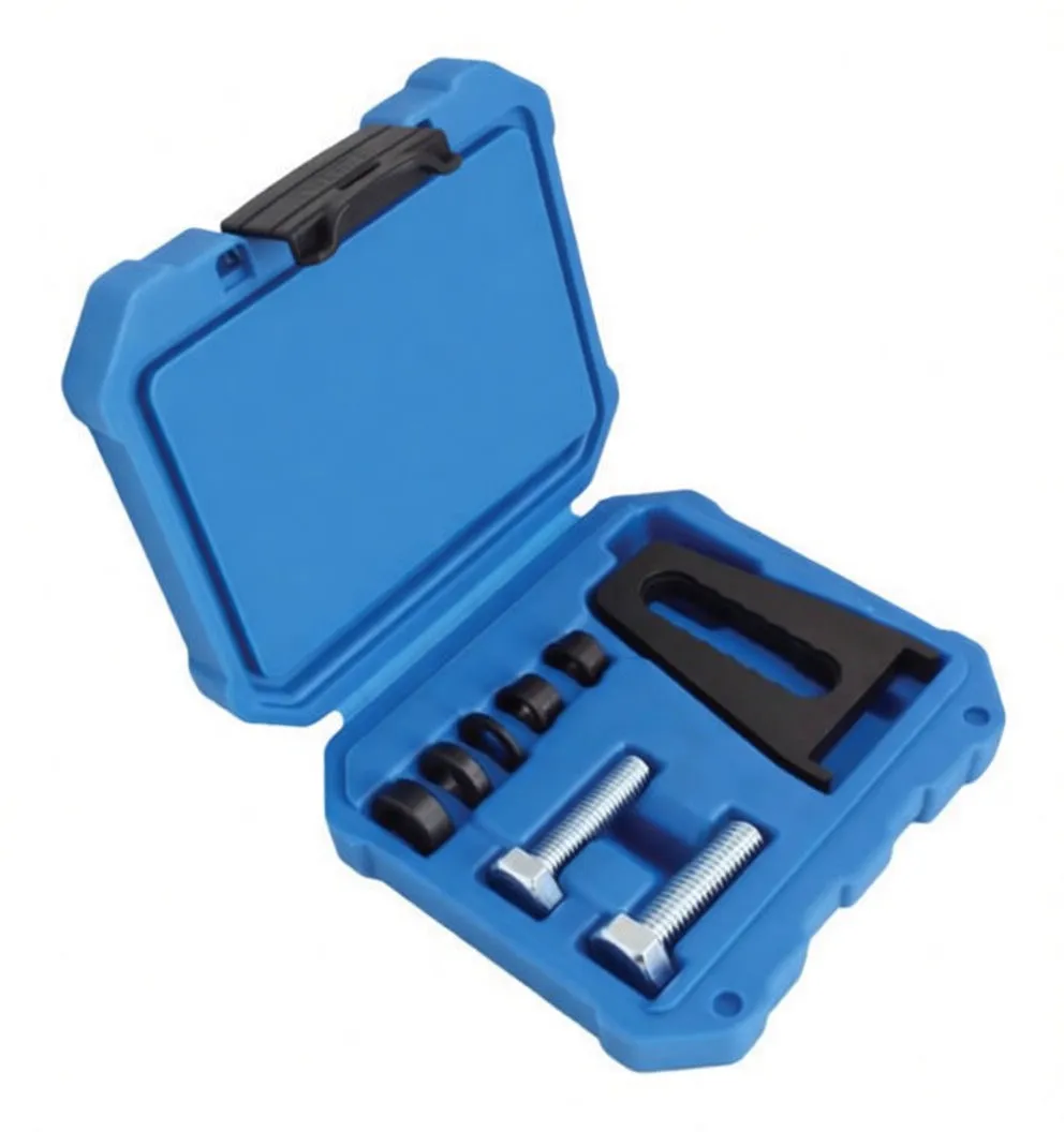 Angled view of blue plastic carrying case with black latch and molded interior pockets